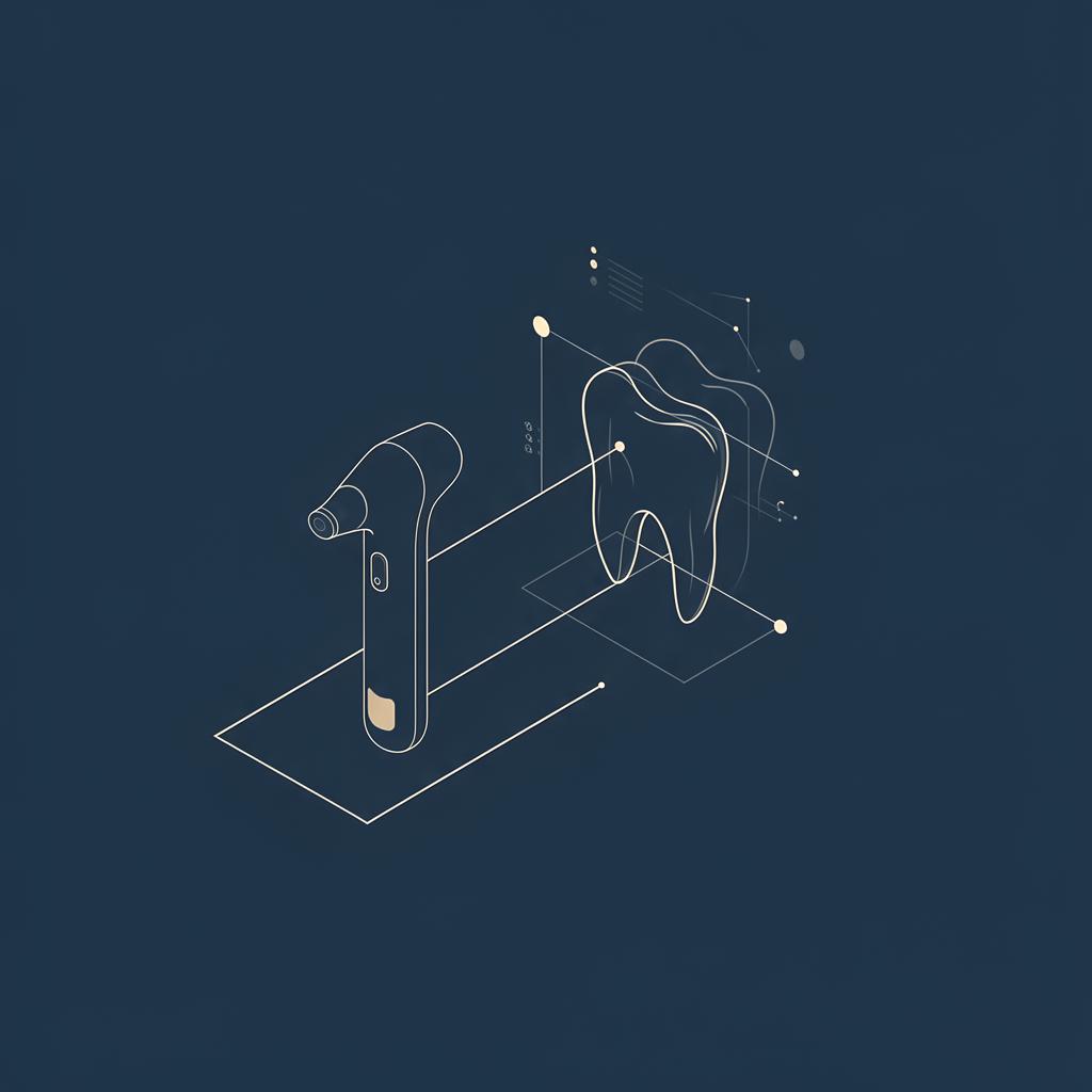 Abstract graphic of a digital dental workflow with intraoral scanner and data lines