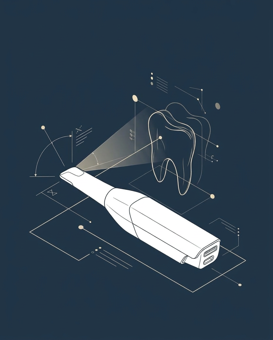 Abstract graphic of a digital dental workflow with intraoral scanner and data lines